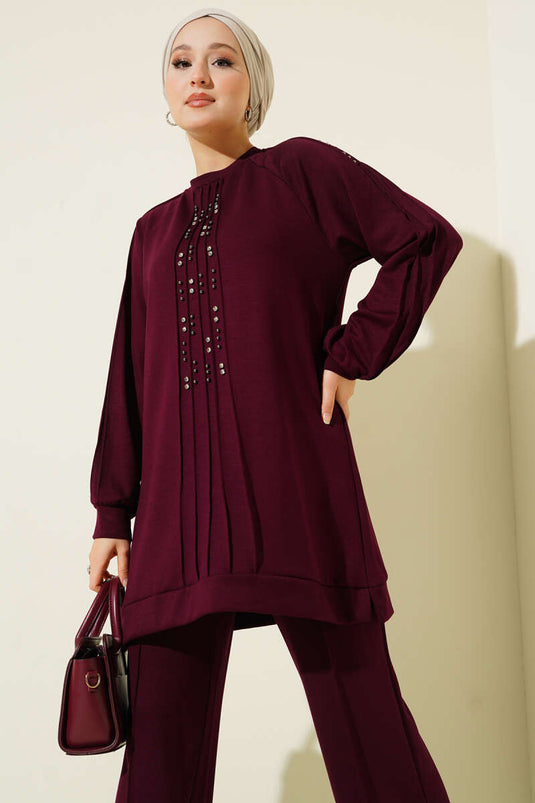 Taş Süslemeli Loyşa İkili Takım Mürdüm