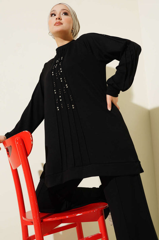 طقم لويشا مزين بالأحجار من قطعتين باللون الأسود