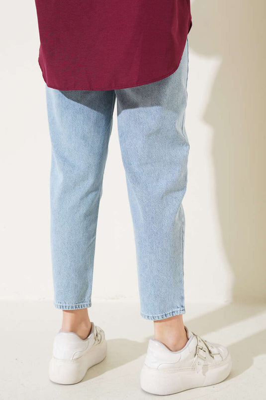 Taş Süslemeli Mom Jeans Pantolon Açık Mavi