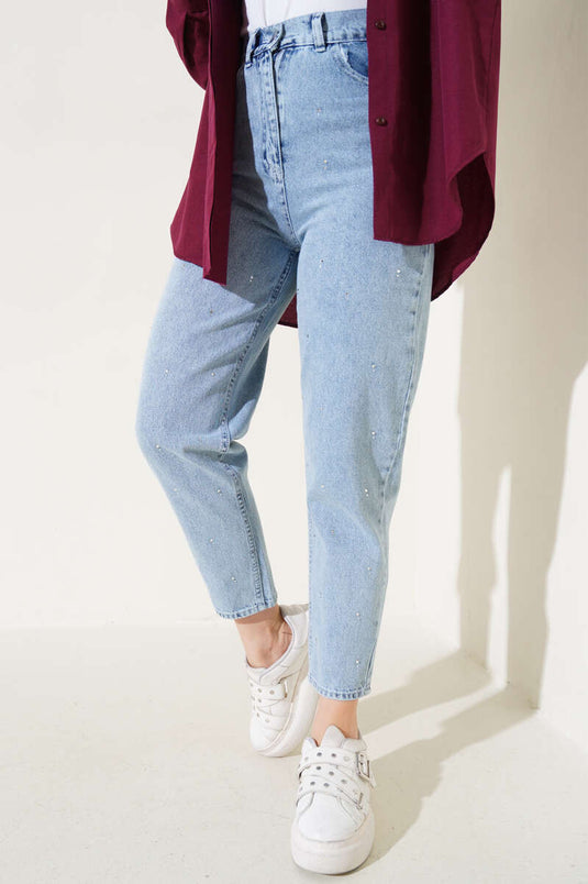 Taş Süslemeli Mom Jeans Pantolon Açık Mavi