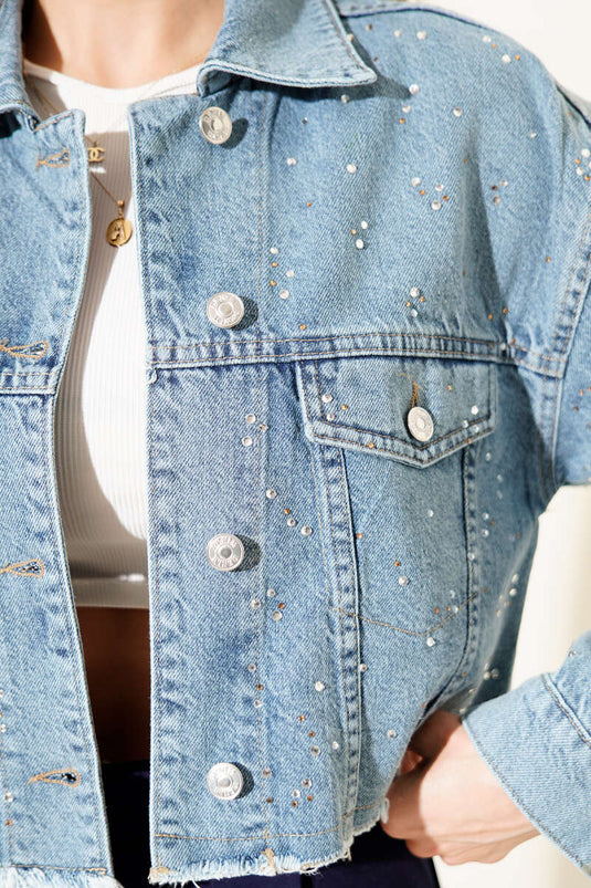 Spijkerjack met stenen versiering en franjes, cropped, blauw