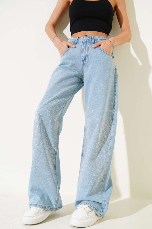 Pantaloni Palazzo Denim Larghi con Decorazioni in Pietra Colore Chiaro Kar