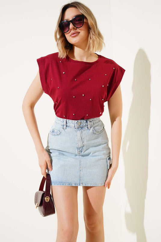 Taş Süslemeli Sıfır Kol T-shirt Bordo