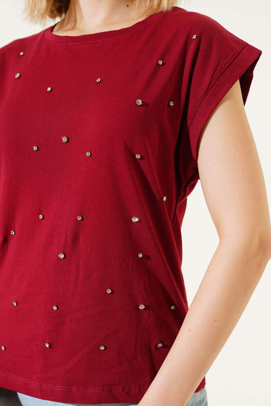 Taş Süslemeli Sıfır Kol T-shirt Bordo