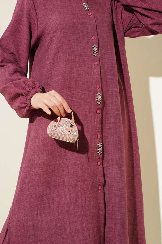 بدلة تونيك طويلة مزينة بالأحجار من قطعتين باللون العنابي