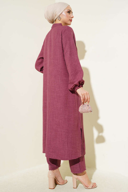 بدلة تونيك طويلة مزينة بالأحجار من قطعتين باللون العنابي