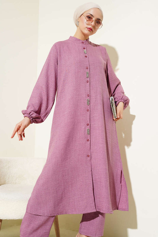 طقم تونيك طويل مزين بالأحجار مكون من قطعتين - وردي باهت