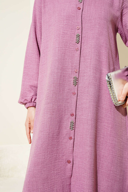 طقم تونيك طويل مزين بالأحجار مكون من قطعتين - وردي باهت