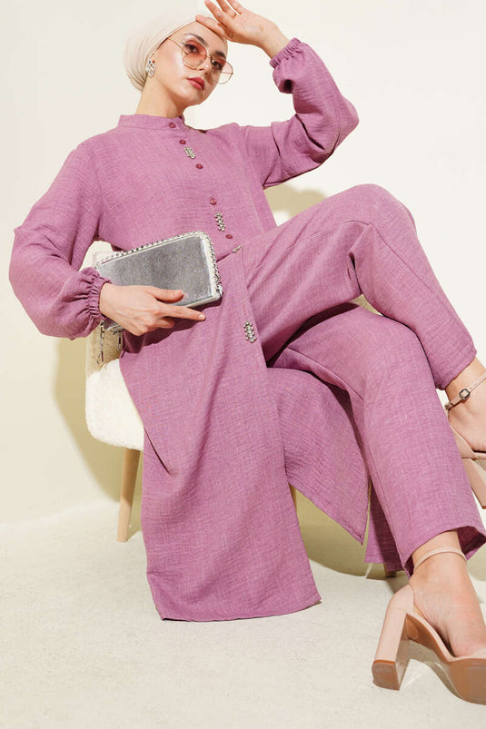 طقم تونيك طويل مزين بالأحجار مكون من قطعتين - وردي باهت