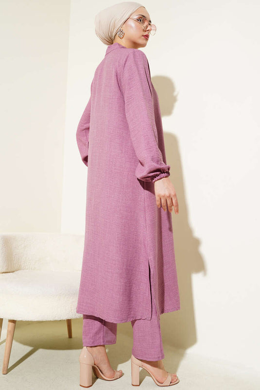 طقم تونيك طويل مزين بالأحجار مكون من قطعتين - وردي باهت