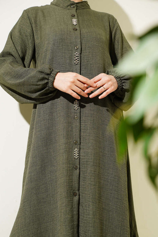 بدلة مكونة من قطعتين من التونيك الطويل المزين بالأحجار باللون الكاكي