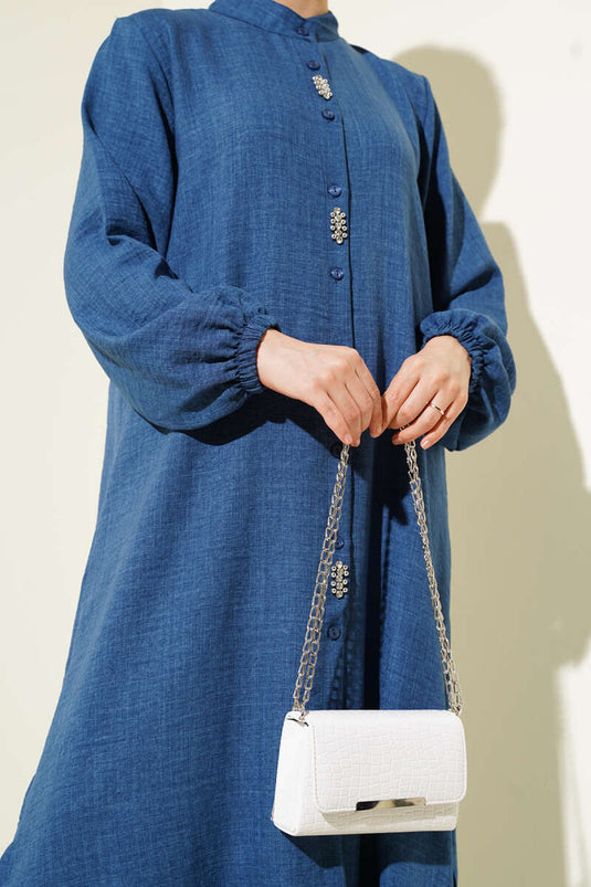 طقم تونيك طويل مزين بالأحجار من قطعتين - نيلي