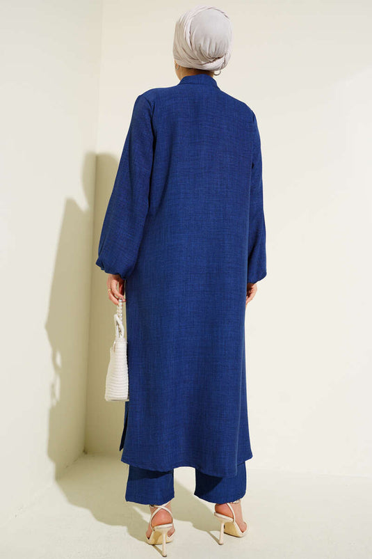 Stone Embellished Long Tunic Two Piece Suit Navy Blue