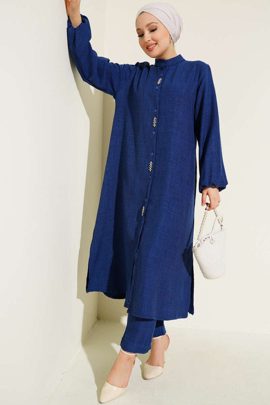 Stone Embellished Long Tunic Two Piece Suit Navy Blue