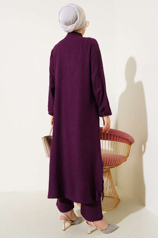 Stone Embellished Long Tunic Two Piece Suit Violet