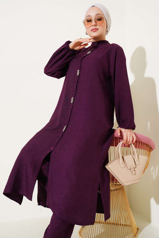 Stone Embellished Long Tunic Two Piece Suit Violet