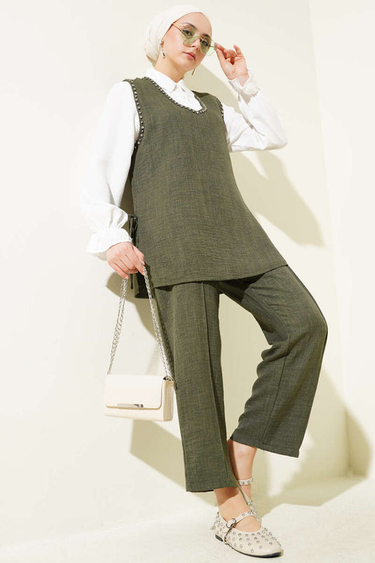 Taş Süslemeli Yan Bağlamalı Üçlü Takım Haki