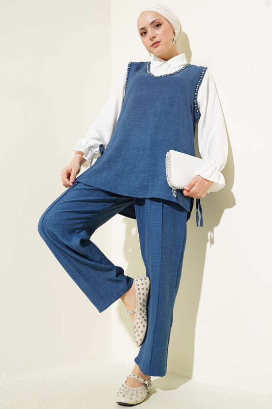 Stone Embellished Side Tie Three Piece Set Blue