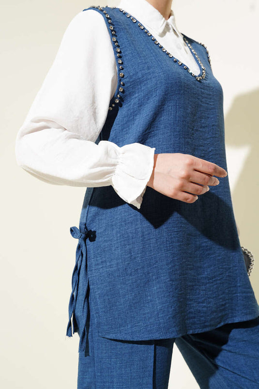 Stone Embellished Side Tie Three Piece Set Blue