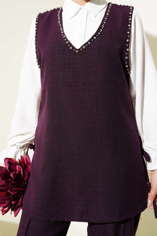 Stone Embellished Side Tie Three Piece Set Plum