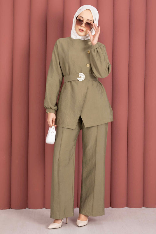 Design Gold Buttoned Belted Two-Piece Set Khaki