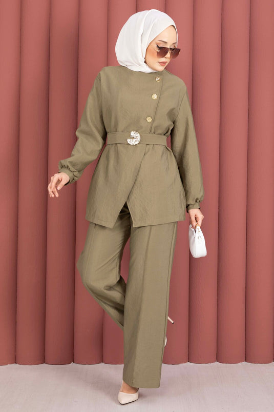 Design Gold Buttoned Belted Two-Piece Set Khaki