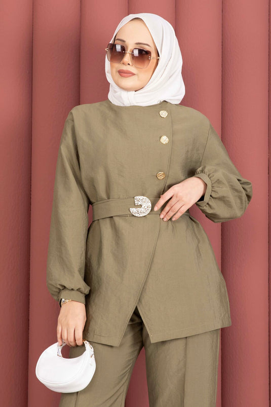 Design Gold Buttoned Belted Two-Piece Set Khaki