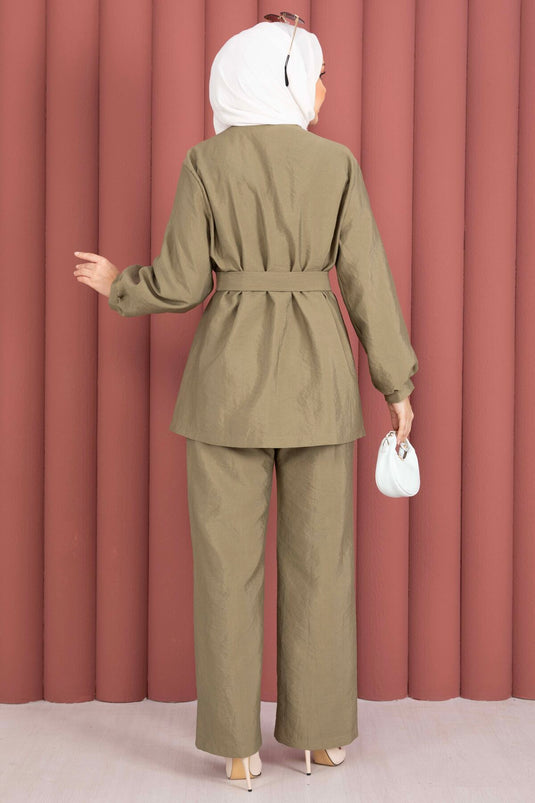 Design Gold Buttoned Belted Two-Piece Set Khaki