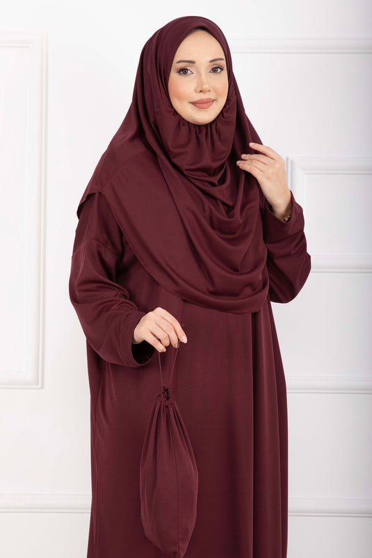 Taşıma Çantalı Tesettür Namaz Elbisesi Bordo