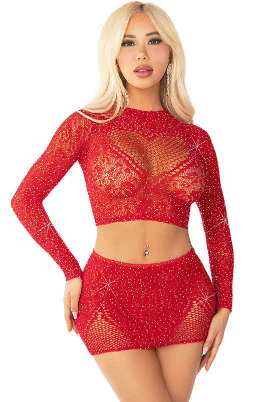 Conjunto De Medias De Cuerpo De Red Rojo Con Pedrería