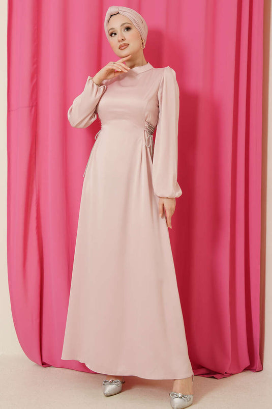 Taşlı Bağlamalı Saten Abiye Elbise Pembe