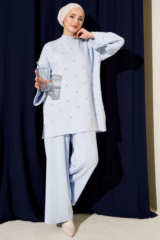 Stone Embellished Baklava Pattern Knitted Two-Piece Set, Ice Blue