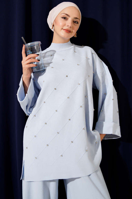 Stone Embellished Baklava Pattern Knitted Two-Piece Set, Ice Blue