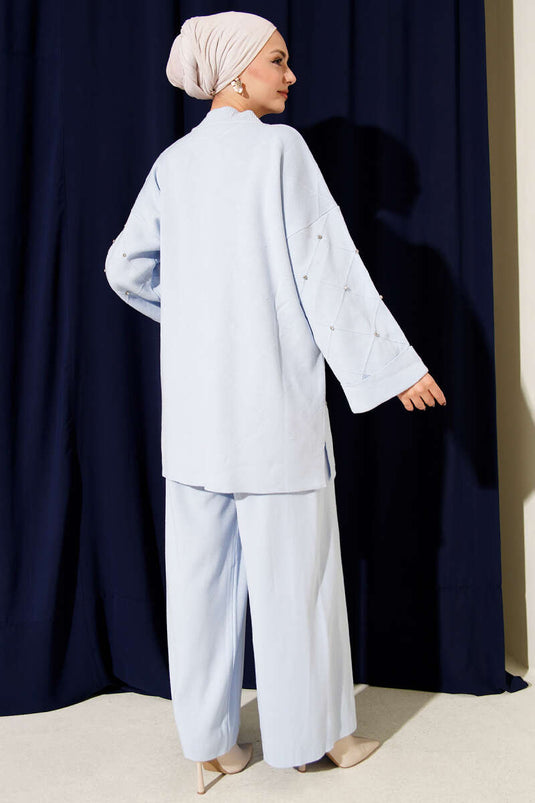 Stone Embellished Baklava Pattern Knitted Two-Piece Set, Ice Blue