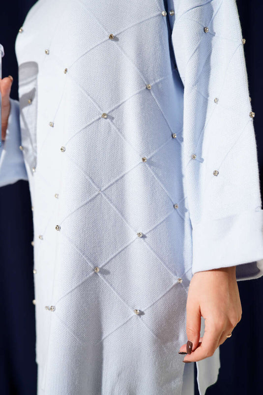 Stone Embellished Baklava Pattern Knitted Two-Piece Set, Ice Blue