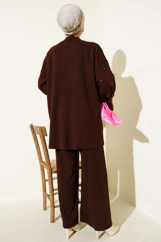 طقم تريكو من قطعتين بنقشة الماس المرصّع - لون بني