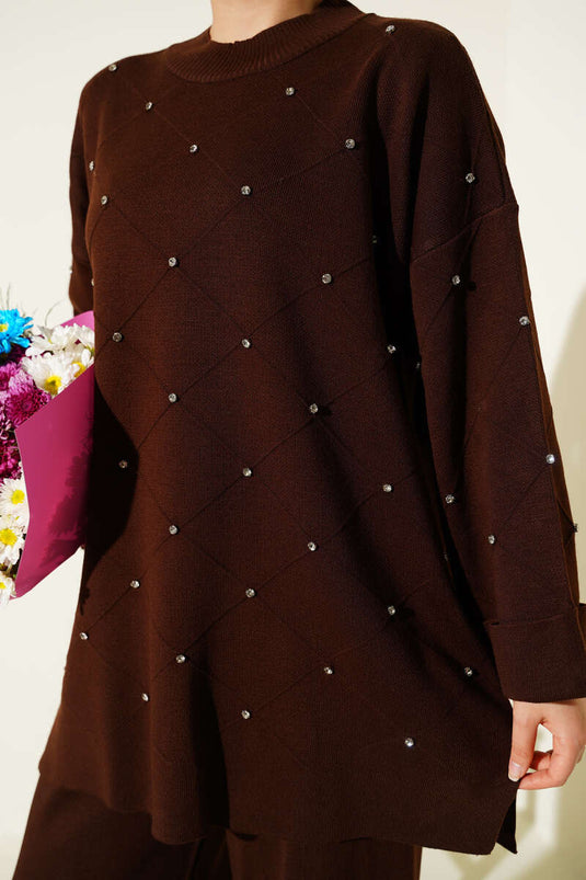 Stoned Diamond Pattern Knitwear Two Piece Set Brown