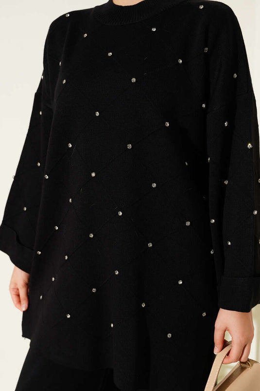 Stoned Diamond Pattern Knitwear Two Piece Set Black