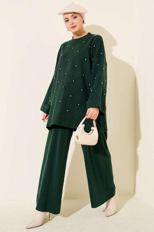 Stone Embellished Baklava Pattern Knitted Two-Piece Set, Emerald Green