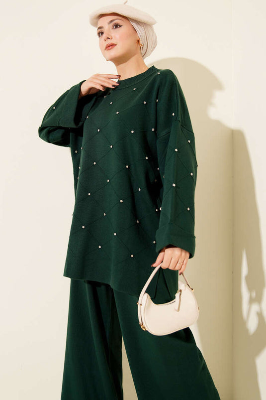 Stone Embellished Baklava Pattern Knitted Two-Piece Set, Emerald Green