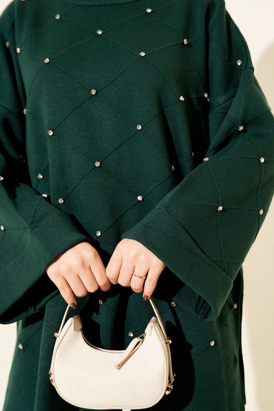 Stone Embellished Baklava Pattern Knitted Two-Piece Set, Emerald Green
