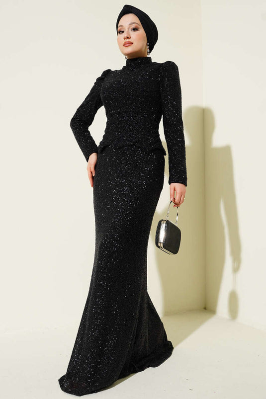 طقم سهرة نسائي ثنائي بتصميم سمكة مزين بالأحجار باللون الأسود