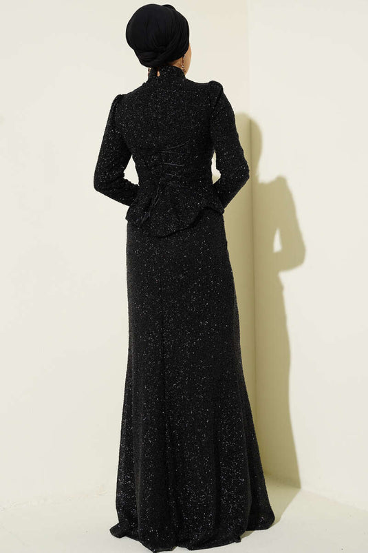 طقم سهرة نسائي ثنائي بتصميم سمكة مزين بالأحجار باللون الأسود