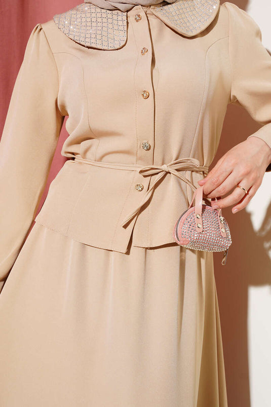 Two-Piece Set with Stone-Embellished Baby Collar and Skirt Beige