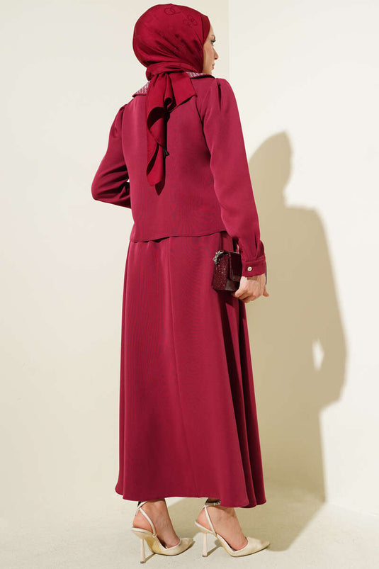 Taşlı Bebe Yaka Etekli İkili Takım Bordo