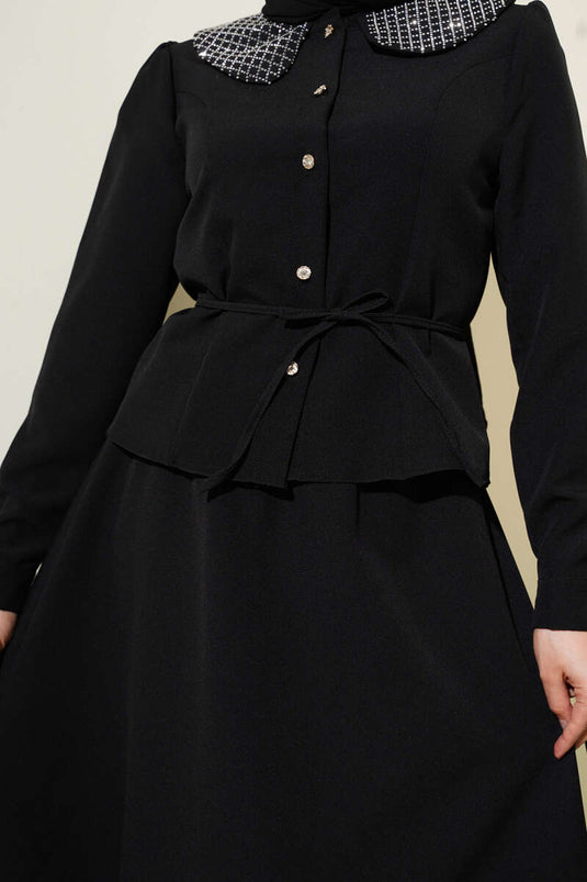 Set of Two with Stone-Embellished Baby Collar and Skirt, Black