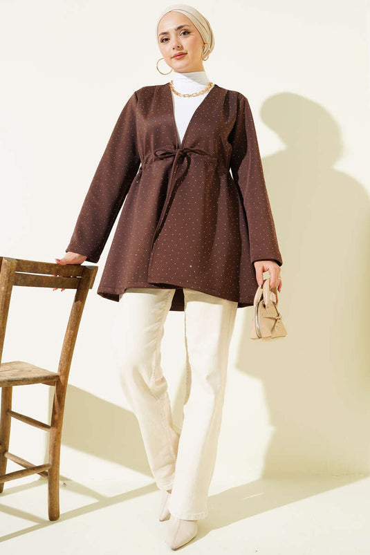 Taşlı Bel Tünelli Scuba Kimono Kahve