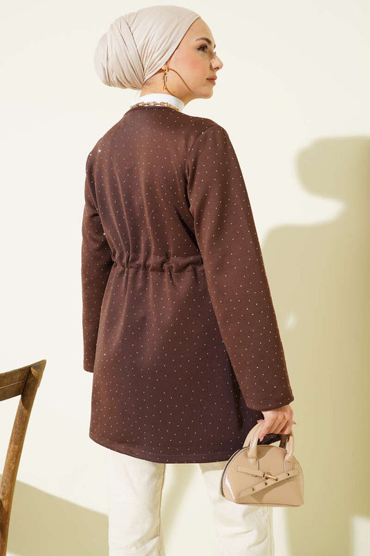 Taşlı Bel Tünelli Scuba Kimono Kahve