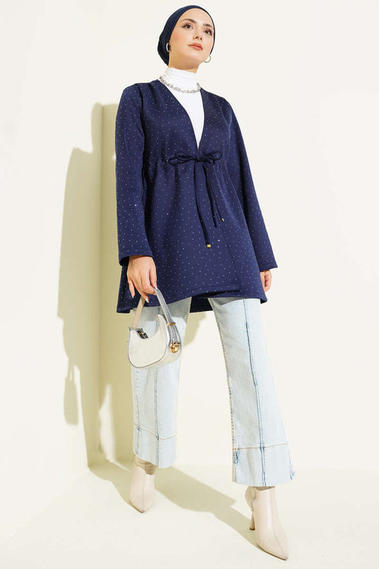 Taşlı Bel Tünelli Scuba Kimono Lacivert
