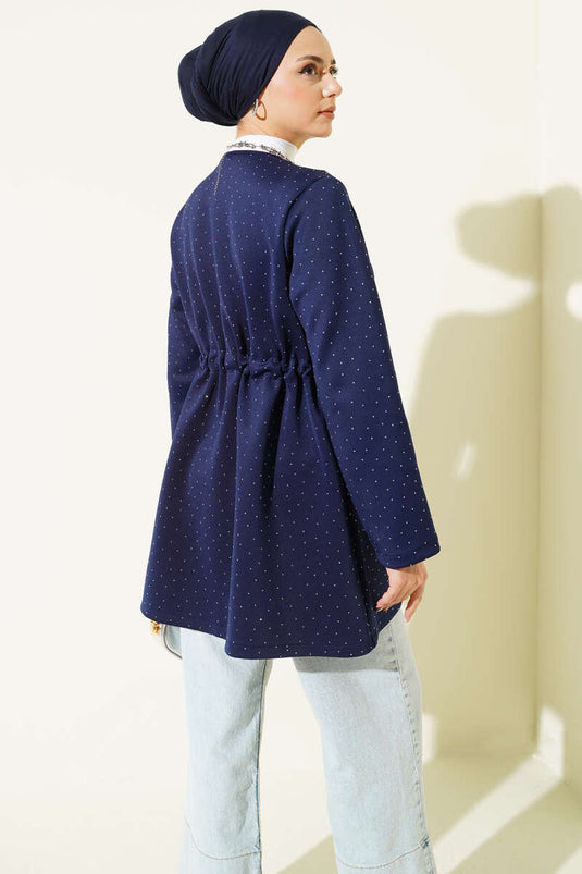 Taşlı Bel Tünelli Scuba Kimono Lacivert
